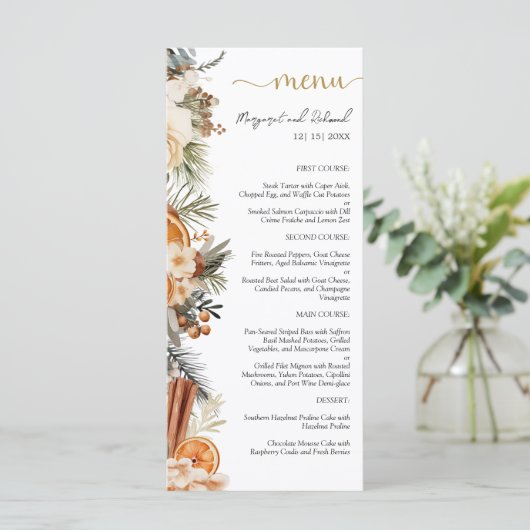 Winter Citrus Bloemen Kerst Huwelijk Flat Menu (Staand voorkant)