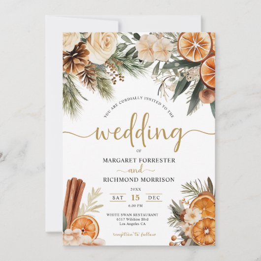 Winter Citrus & Cinnamon Kerstbruiloft Kaart (Voorkant)