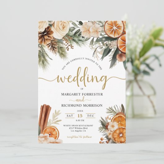 Winter Citrus & Cinnamon Kerstbruiloft Kaart (Staand voorkant)
