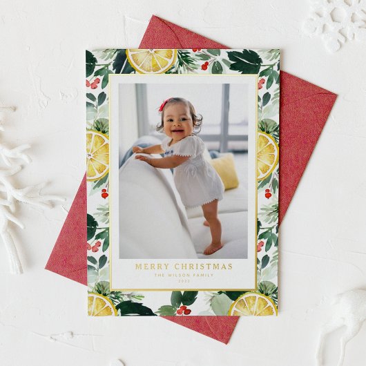 Winter Citrus en Greenery Pattern kerstfoto Folie Feestdagenkaart