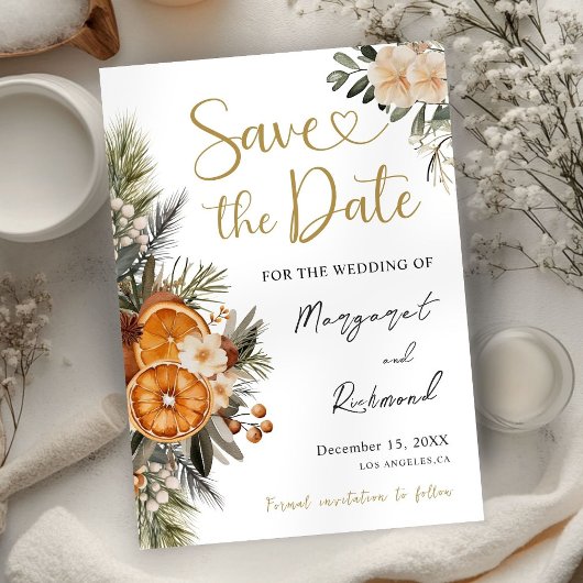 Winter Citrus Save The Date Christmas Wedding Kaart