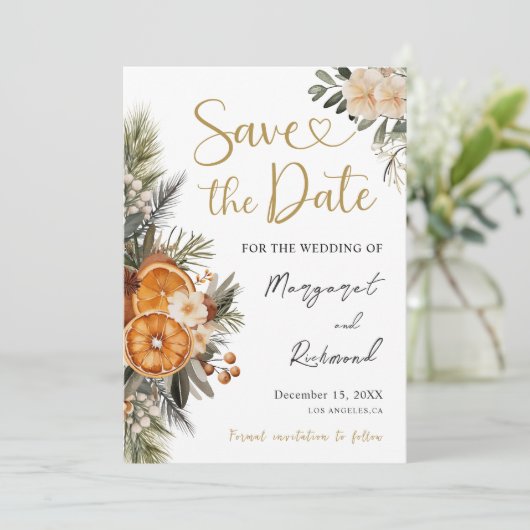 Winter Citrus Save The Date Christmas Wedding Kaart (Staand voorkant)