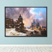 Winter Cityscape met Frozen River Klassieke kunst Canvas Afdruk (Insitu (Houten vloer))
