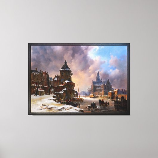 Winter Cityscape met Frozen River Klassieke kunst Canvas Afdruk (Voorkant)