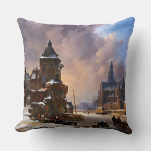 Winter Cityscape met Frozen River Klassieke kunst Kussen