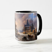 Winter Cityscape met Frozen River Klassieke kunst Mok (Voorkant rechts)