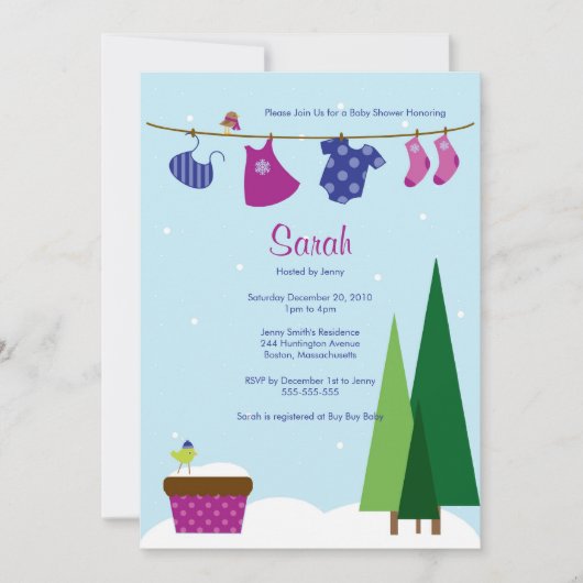 Winter Clothesline Baby Girl Shower Invite Kaart (Voorkant)