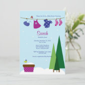 Winter Clothesline Baby Girl Shower Invite Kaart (Staand voorkant)