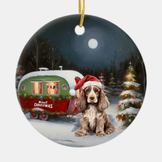 Winter Cocker Spaniel Caravaan Kerstmis Avontuur Keramisch Ornament (Voorkant)