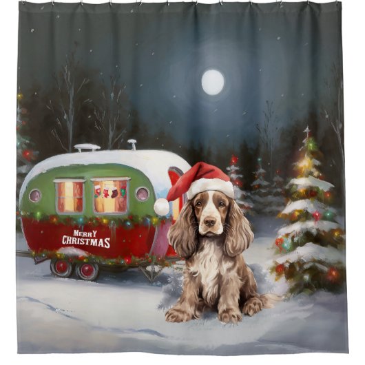 Winter Cocker Spaniel Caravan Kerstavontuur Douchegordijn (Voorkant)