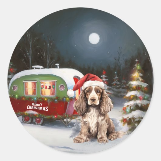 Winter Cocker Spaniel Caravan Kerstavontuur Ronde Sticker (Voorkant)