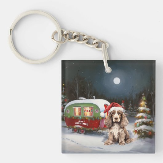 Winter Cocker Spaniel Caravan Kerstavontuur Sleutelhanger (Voorkant)