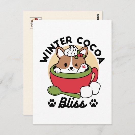 Winter Cocoa Bliss - Schattigee hond in Mok Design Briefkaart (Voorkant / Achterkant)