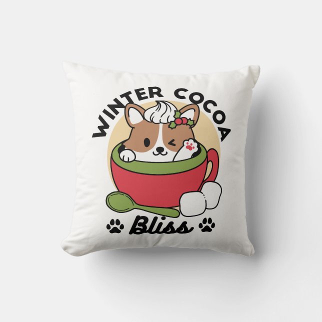 Winter Cocoa Bliss - Schattigee hond in Mok Design Kussen (Voorkant)