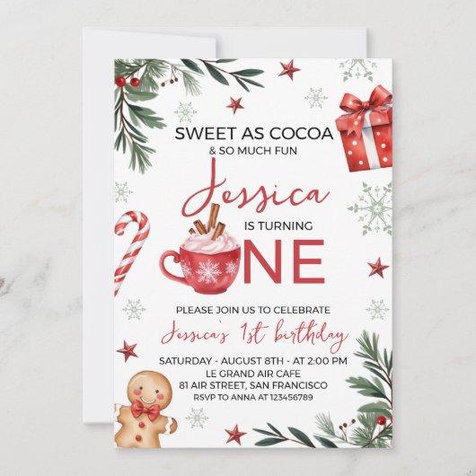 Winter Cocoa First Birthday Invite Kaart (Voorkant)