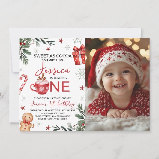 Winter Cocoa First Birthday Invite Photo Kaart (Voorkant)