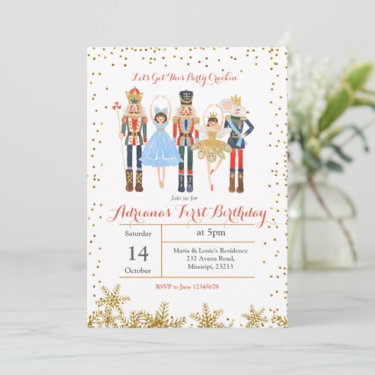 Winter Confetti Birthday Invitation Nutcracker Kaart (Staand voorkant)