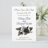 Winter Conifeer Bloemstuk Navy Crème Pioen Roos Br Save The Date (Staand voorkant)