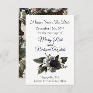 Winter Conifer Bloemen Navy Cream Pioenbruiloft Save The Date