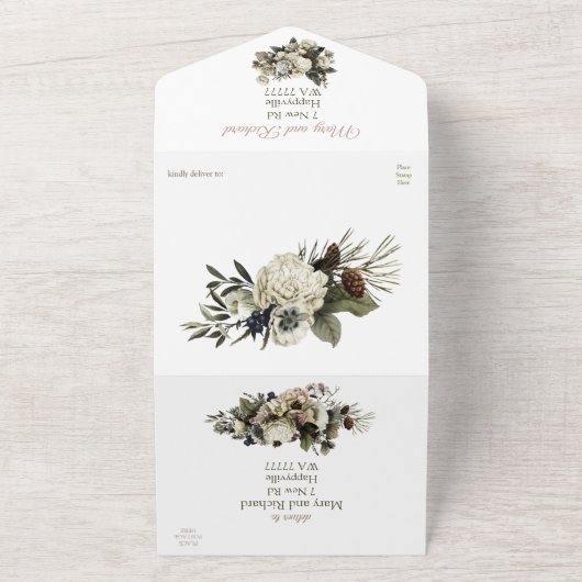 Winter Conifer Floral Cream Pioen Elegant Bruiloft All In One Uitnodiging (Buitenkant)