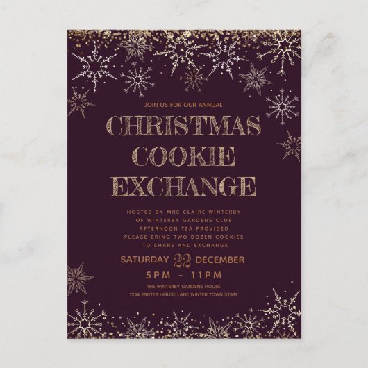 Winter Cookie Exchange Kerstmis Burgundy Holiday Uitnodiging Briefkaart (Voorkant)