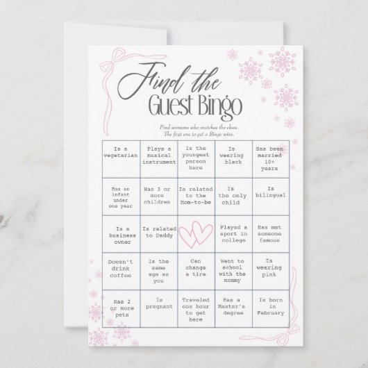 Winter Coquette roze Vind de gast Bingo Kaart (Voorkant)