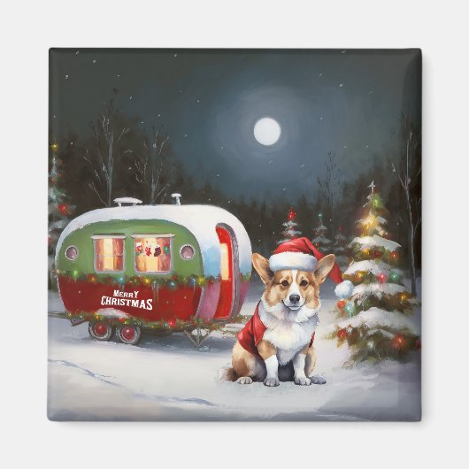 Winter Corgi Caravan Kerst Avontuur  Magneet (Voorkant)
