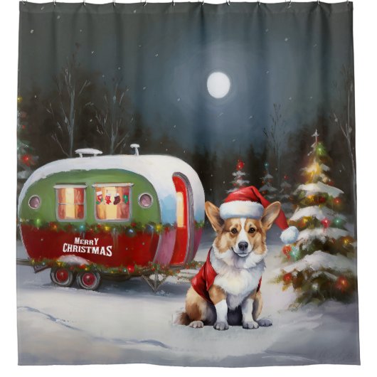 Winter Corgi Caravan Kerstavontuur Douchegordijn (Voorkant)
