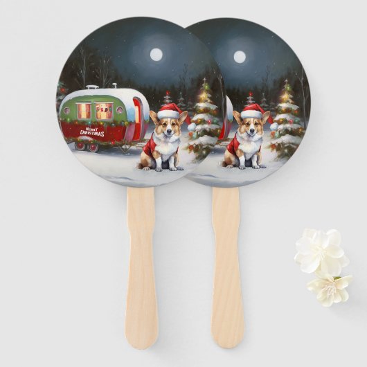 Winter Corgi Caravan Kerstavontuur Handwaaier (Voorkant en achterkant)