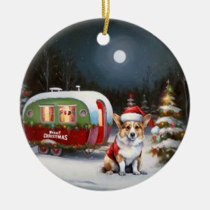 Winter Corgi Caravan Kerstavontuur Keramisch Ornament
