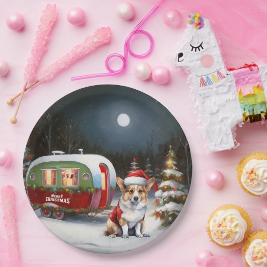 Winter Corgi Caravan Kerstavontuur Papieren Bordje (Feest)