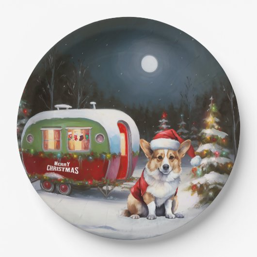 Winter Corgi Caravan Kerstavontuur Papieren Bordje (Voorkant)