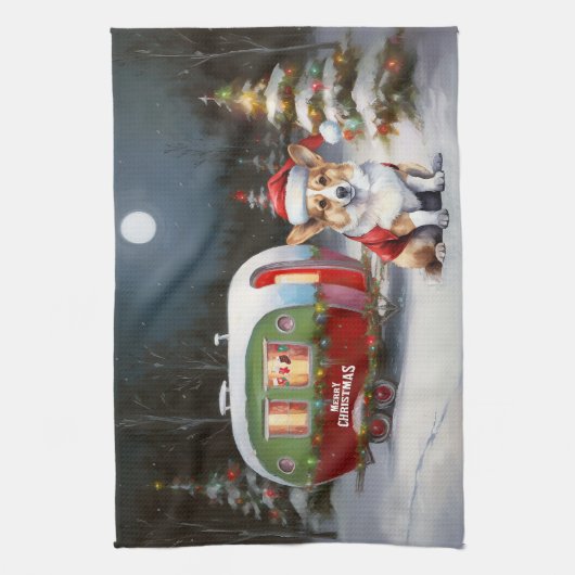 Winter Corgi Caravan Kerstavontuur Theedoek (Verticaal)