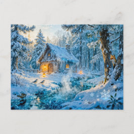 Winter Cottage by the Forest Stream Briefkaart