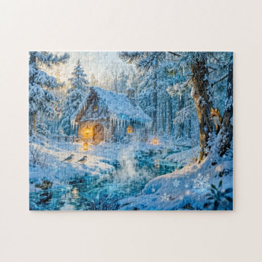 Winter Cottage by the Forest Stream Legpuzzel (Horizontaal)