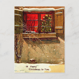 Winter Cottage Kaarsverlichte Kerstboom Raam Feestdagenkaart