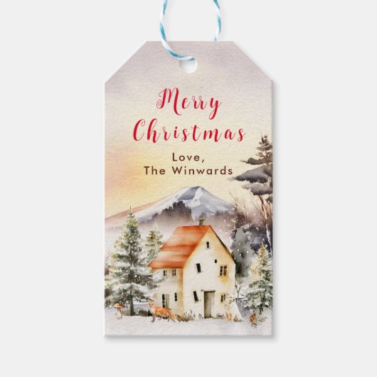 Winter Cottage Kersthuis Kerstmis Cadeaulabel (Voorkant)