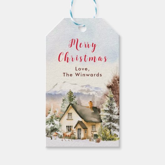 Winter Cottage Kersthuis Kerstmis Cadeaulabel (Voorkant)