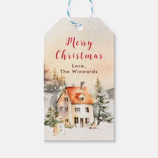Winter Cottage Kersthuis Kerstmis Cadeaulabel (Voorkant)