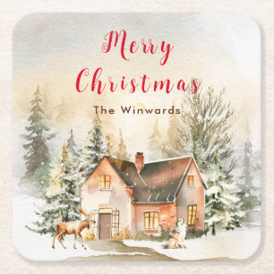 Winter Cottage Kerstvakantie Prettig Kerstfeest Kartonnen Onderzetters