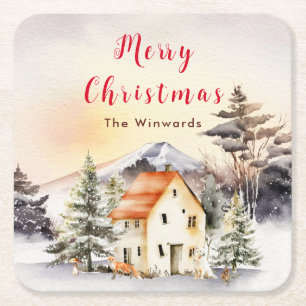 Winter Cottage Kerstvakantie Prettig Kerstfeest Kartonnen Onderzetters