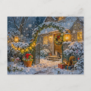 Winter Cottage met Eekhoorn, Kat en Roodborst Kuns Briefkaart