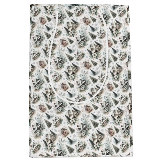 Winter Cottage Sneeuwval Patroon Medium Cadeauzakje (Voorkant)