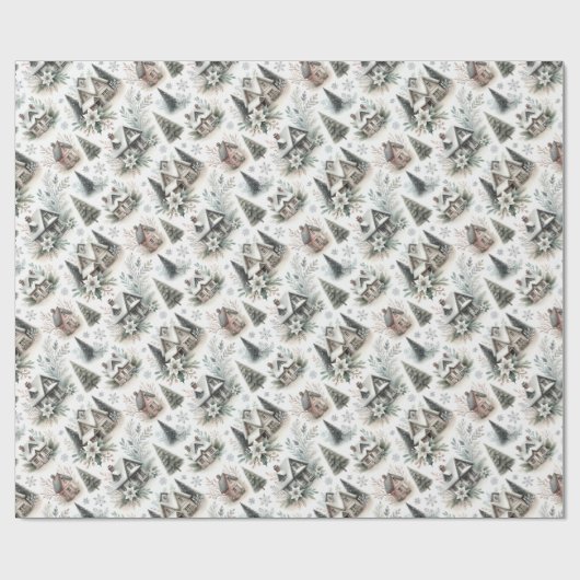 Winter Cottage Snowfall Pattern Cadeaupapier (Vlak)