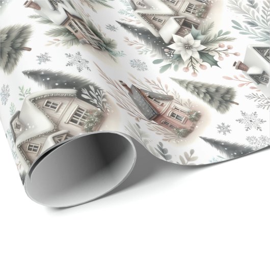 Winter Cottage Snowfall Pattern Cadeaupapier (Rol Hoek)