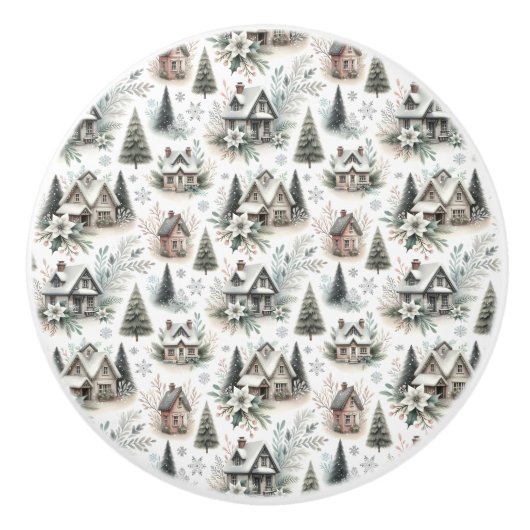 Winter Cottage Snowfall Pattern Keramische Knop (Voorkant)