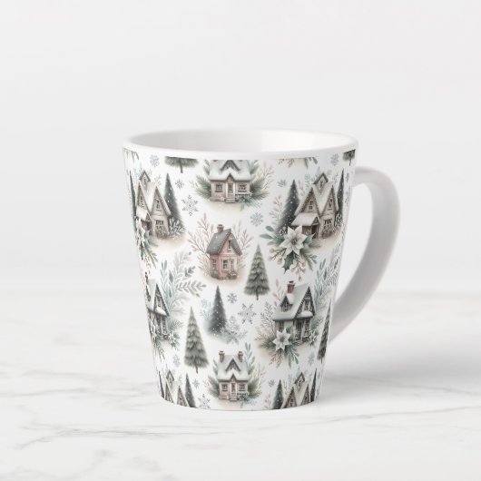 Winter Cottage Snowfall Pattern Latte Mok (Rechterhoek)