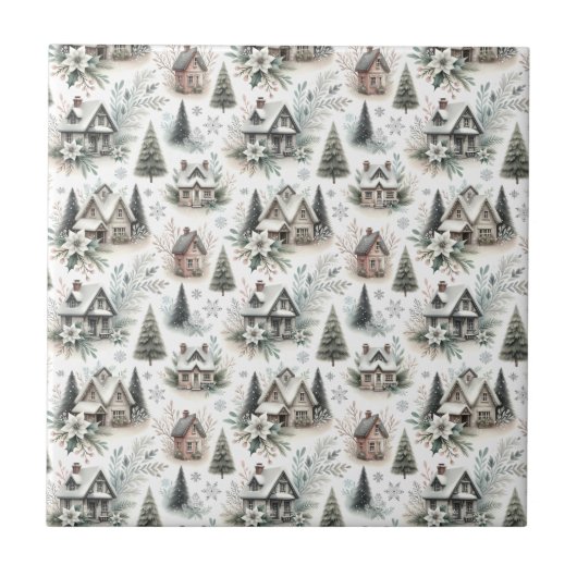 Winter Cottage Snowfall Pattern Tegeltje (Voorkant)