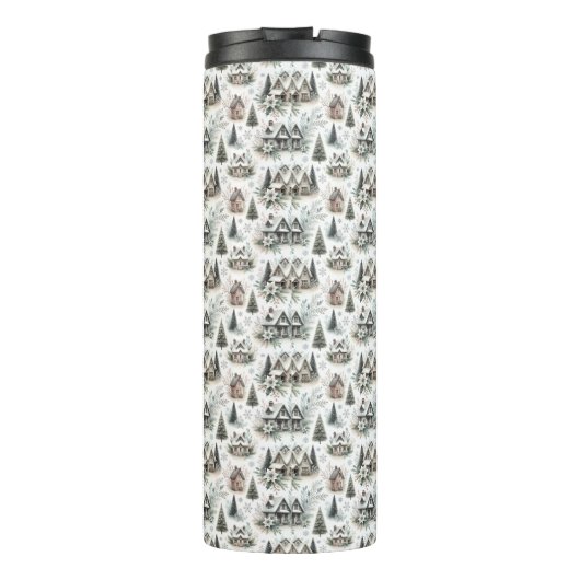 Winter Cottage Snowfall Pattern Thermosbeker (Achterkant)