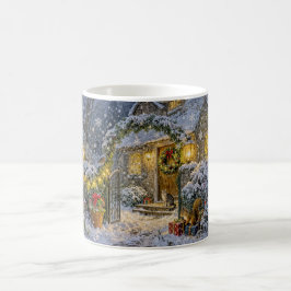 Winter Cottage with Squirrel, Cat and Robin Artwor Koffiemok